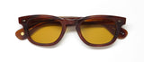 Garrett Leight Lo-B Sunglasses in brown acetate frame with yellow tinted lenses, stylish UV protection.