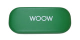 Green eyeglass case with 'WOOW' logo, designed for Woow On Board 1 Eyeglasses, stylish and durable.